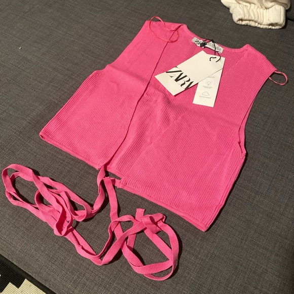 ZARA Knotted crop tie front and belly pink top - Picture 9 of 10